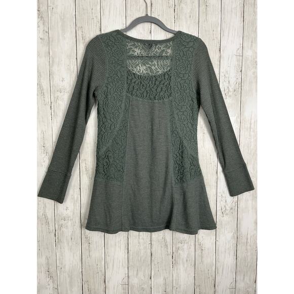 rxb Green Long Sleeve Crew Neck Lace Thermal Flowy Sweater Medium - Picture 2 of 8